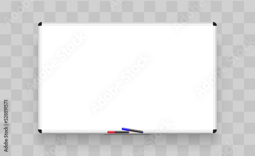 Empty whiteboard with marker pens. Realistic office. Whiteboard. School chalkboard, cork board, whiteboard for markers. Business presentation. Vector mockup of office white board. Vector illustration