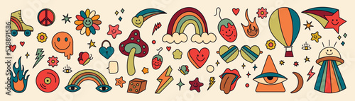 Set of 70s groovy element vector. Collection of flowers, mushroom, rainbow, tape, eyes, lips, thunder, smile face, glasses. Cute retro groovy hippie element design for decorative, sticker, prints.