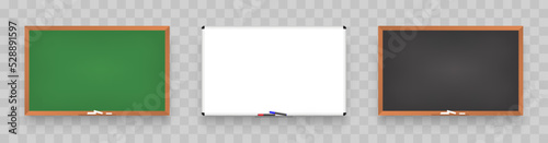 Empty whiteboard with marker pens. Realistic office. Whiteboard. School chalkboard, cork board, whiteboard for markers. Business presentation. Vector mockup of office white board. Vector illustration