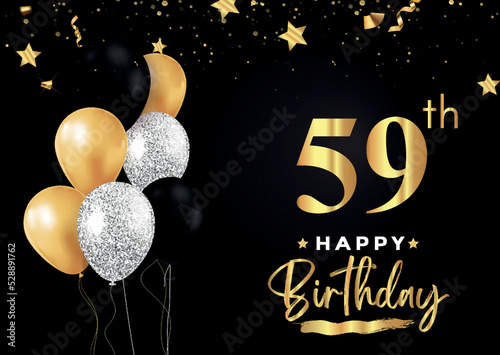 Happy 59th birthday with balloons, grunge brush and gold star isolated on luxury background. Premium design for banner, poster, birthday card, invitation card, greeting card, anniversary celebration.