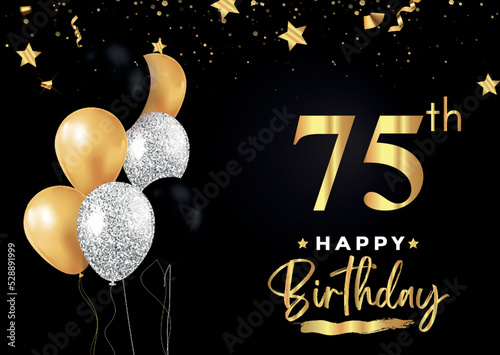 Canvas Print Happy 75th birthday with balloons, grunge brush and gold star isolated on luxury background