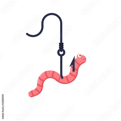 Worm on the hook. Fishing rod with a worm on the hook. Vector illustration flat design style. Fishing icon. Smiling cartoon earthworm. Isolated on white background.