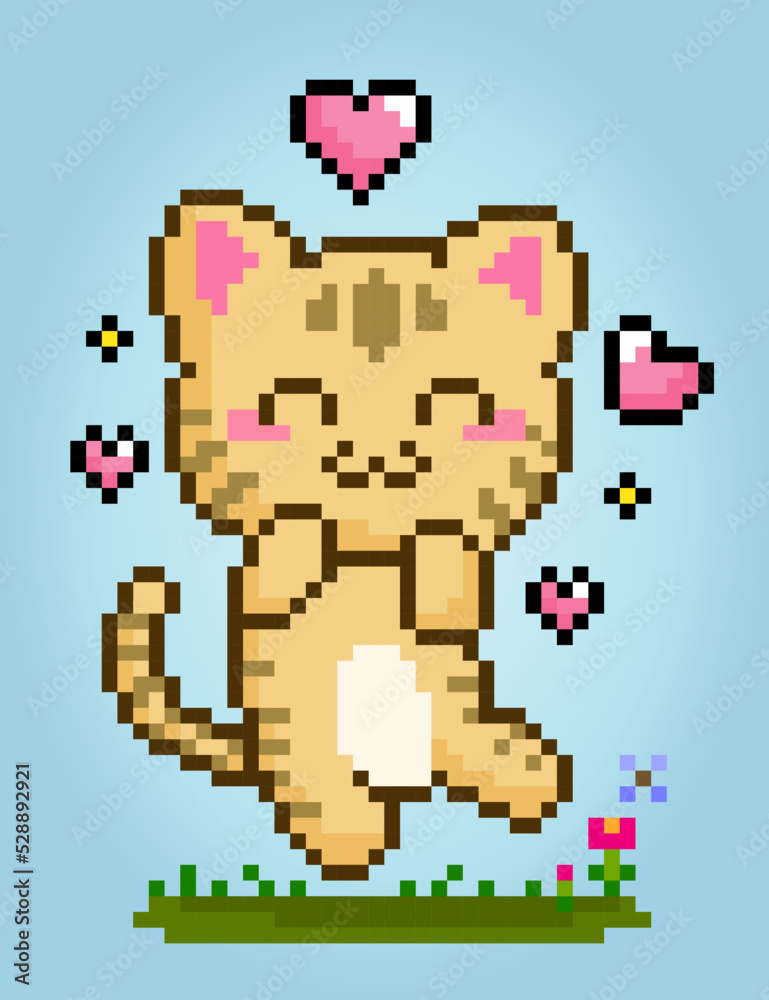 Pixel 8 bit cat happy. Animals for game assets in vector illustrations.