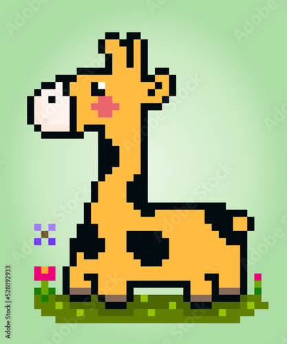 Pixel 8 bit giraffe. Animals for game assets and cross stitch pattern in vector illustration. © Two Pixel