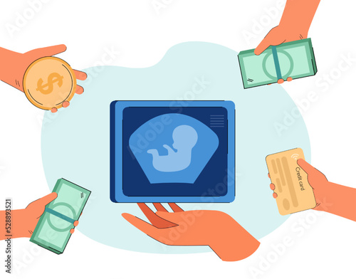 Ultrasound of baby and hands holding money. Process of ultrasound examination flat vector illustration. Pregnancy, motherhood, finances concept for banner, website design or landing web page
