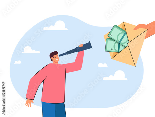 Office worker examining envelope with money in huge hand. Person offering banknotes to man with spyglass flat vector illustration. Finances, employment, profit concept for banner or landing web page