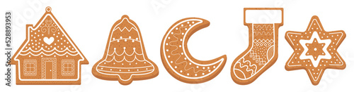 Christmas gingerbread icons. Honey-cake house, moon, socks, bell, star. 