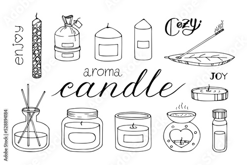 Pillar, jar candle, square, multi wick Different sizes. Decorative wax candles for relax and spa. Hand drawn doodle illustration. Line art vector set. Natural plants aroma