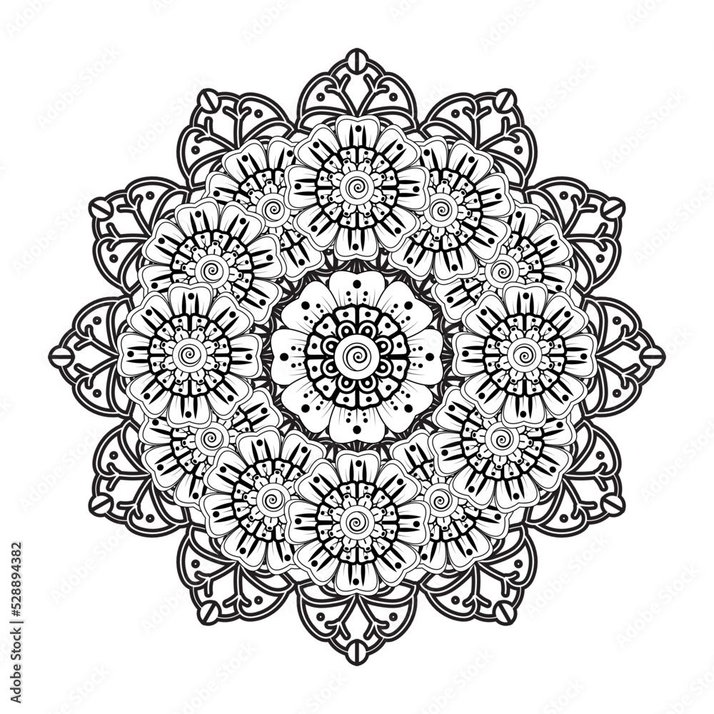 Circular pattern in form of mandala for Henna, Mehndi, tattoo, decoration. Decorative ornament in ethnic oriental style. Coloring book page. Circular pattern in form of mandala for Henna, Mehndi, tattoo, decoration. Decorative ornament in ethnic oriental style. Coloring book page.