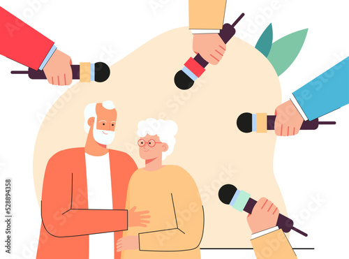 Hands with microphones around happy elderly couple. Reporters or journalists asking old people questions flat vector illustration. Interview, survey, age concept for banner or landing web page