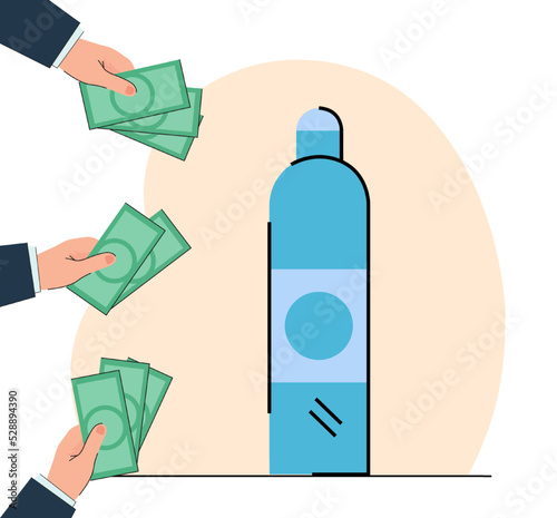 Hands of businessmen buying huge bottle of shower gel or shampoo. Body care product flat vector illustration. Hygiene, investment, cosmetics concept for banner, website design or landing web page