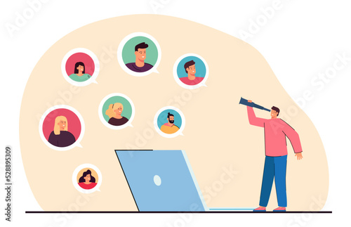 Tiny man looking at avatars of friends through spyglass. Businessman searching for colleagues or new employees flat vector illustration. Communication, recruitment, remote work concept for banner