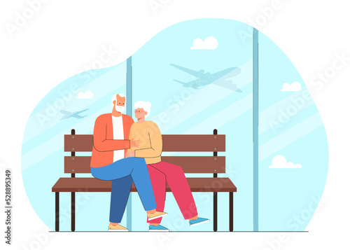 Cartoon senior couple sitting and hugging on bench in airport. Old people waiting for flight flat vector illustration. Traveling, age, vacation concept for banner, website design or landing web page