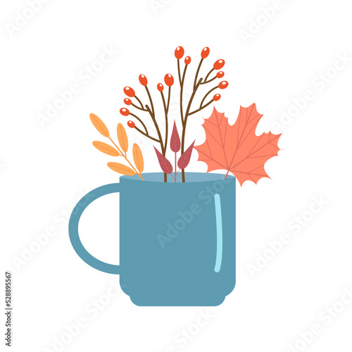 Autumn season banner. Greeting card with blue mug and  falling leaves. Background for fall season. Autumn harvest. Vector illustration.