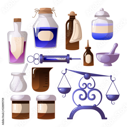 Empty flasks and apothecary supplies cartoon illustration set. Old vintage glasses and vials with herbal potions. Retro jars for mixtures or elixirs. Therapy, alchemy, pharmacy, medicine concept