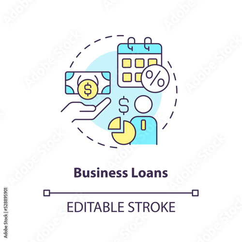 Business loans concept icon. Finances for new project. Corporate banking abstract idea thin line illustration. Isolated outline drawing. Editable stroke. Arial, Myriad Pro-Bold fonts used