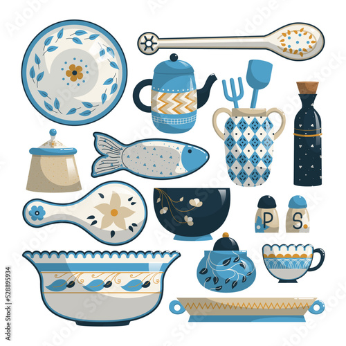 Ceramic crockery in rustic style cartoon illustration set. Faience cup, mug, spoon, plate, pot, salt cellar, sugar bowl. Hand painted tableware, vintage kitchen utensils concept