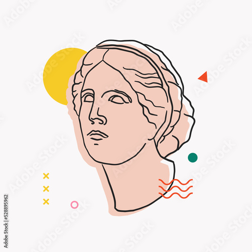 Classic Venus statue in trendy modern style. Colorful head of antique sculptures for design of clothes, posters, shopping bags, shops, books, postcards. Hand-drawn vector illustration.