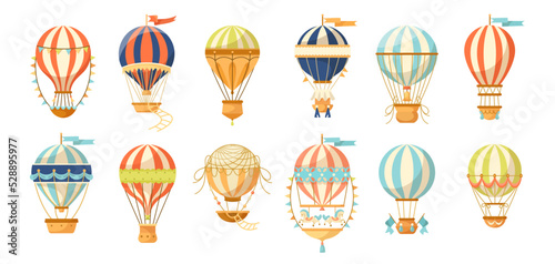 Different colorful hot air balloons vector illustrations set. Cartoon drawings of vintage transport or aerostat, baby shower decoration isolated on white background. Transportation, journey concept