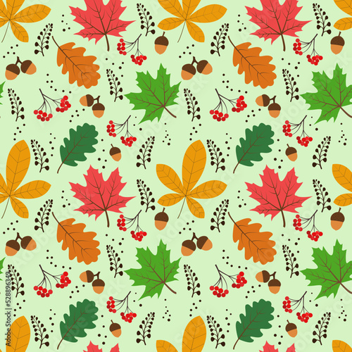 Vector seamless pattern with autumn elements: acorns, various leaves, autumn floral elements. Bright, repetitive texture for the autumn season. It is used for wrapping paper,packaging,wallpaper,books.