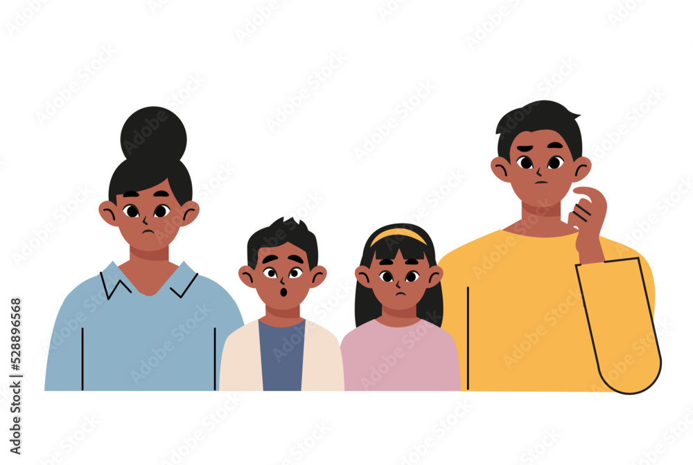 Indian and black family simple and cute art illustration. Flat vector illustration isolated on white background Indian and black family simple and cute art illustration. Flat vector illustration isolated on white background