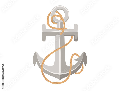 Shiny steel anchor with rope vector illustration isolated on white background