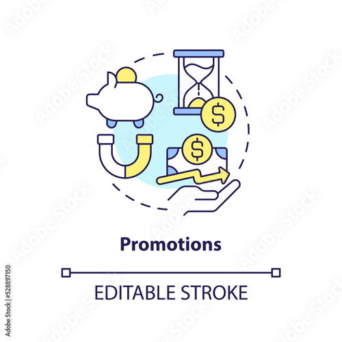 Promotions concept icon. Customers engagement campaign. Savings account abstract idea thin line illustration. Isolated outline drawing. Editable stroke. Arial, Myriad Pro-Bold fonts used