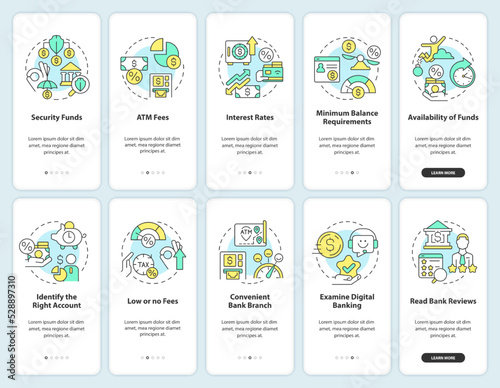 Choosing credit union and bank onboarding mobile app screen set. Walkthrough 5 steps editable graphic instructions with linear concepts. UI, UX, GUI template. Myriad Pro-Bold, Regular fonts used