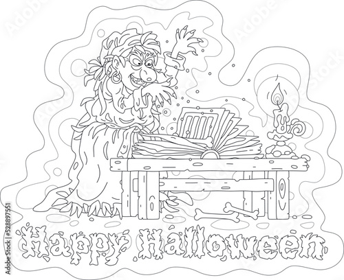 Angry witch with a scary smile practicing witchcraft and saying spells from her old terrible magic book by candlelight on a dark Halloween night, vector cartoon greeting card