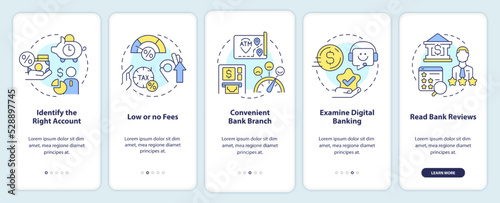 Choose bank onboarding mobile app screen. Customer benefits walkthrough 5 steps editable graphic instructions with linear concepts. UI, UX, GUI template. Myriad Pro-Bold, Regular fonts used
