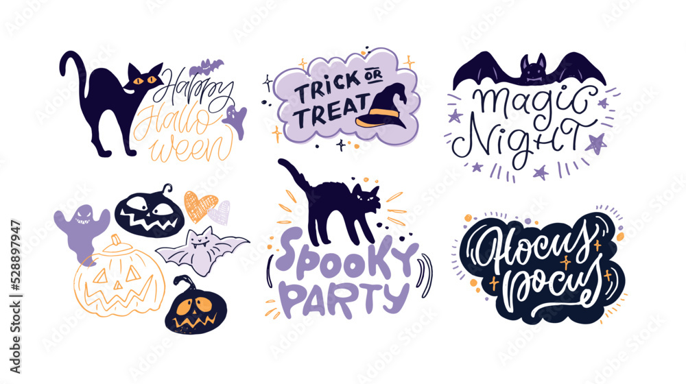 Happy Halloween - Trick or Treat - cute hand drawn doodle lettering for postcard, invitation. Boo art. Pattern background.