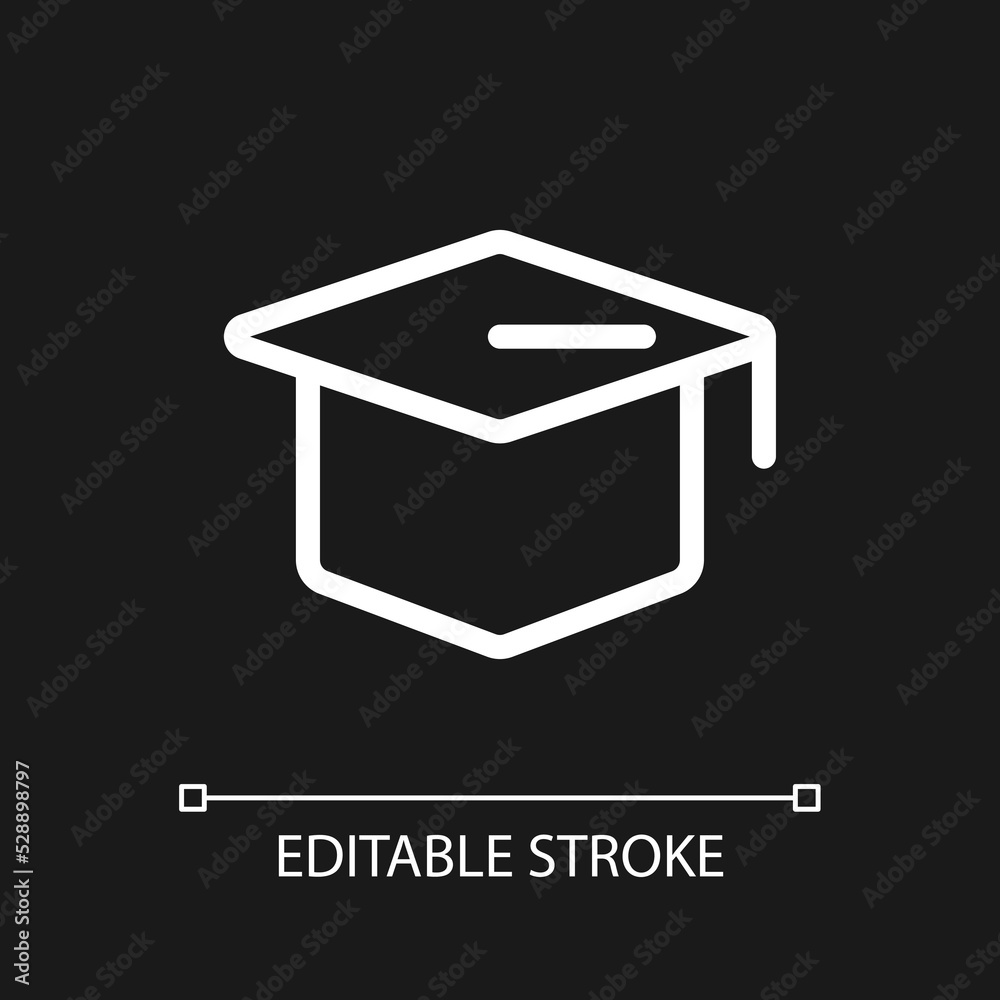 Mortarboard hat pixel perfect white linear ui icon for dark theme. Square graduation cap. Vector line pictogram. Isolated user interface symbol for night mode. Editable stroke. Arial font used