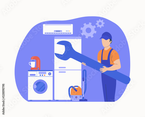 Concept for home appliances repair service.Worker with tools, washing machine, refrigerator, vacuum cleaner and air conditioner in the background. Vector illustration.