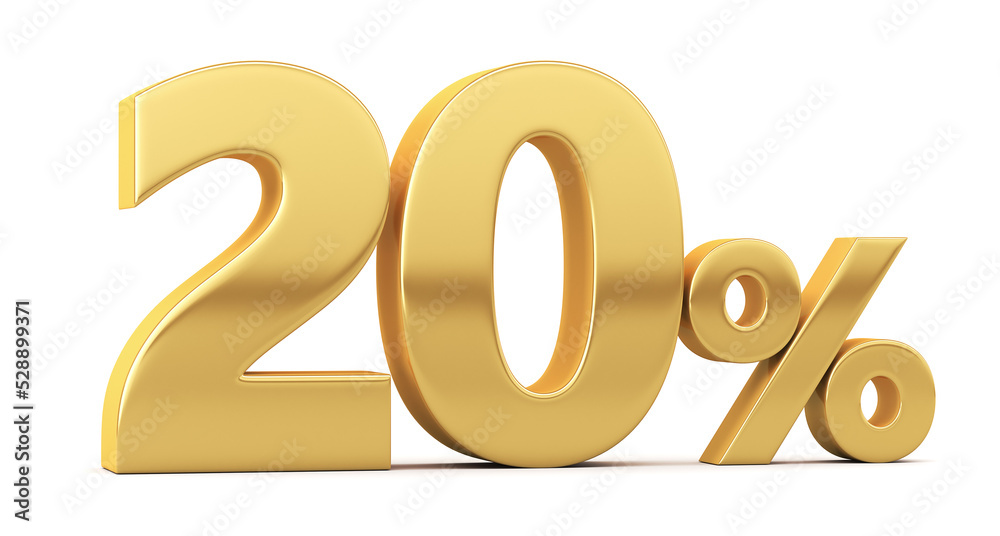 Gold percent isolated on white background. 20% off on sale. Illustration for business ideas. 3d rendering. Gold percent isolated on white background. 20% off on sale. Illustration for business ideas. 3d rendering.