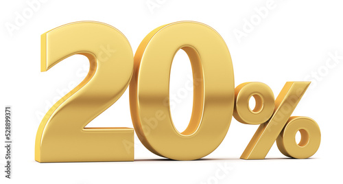 Gold percent isolated on white background. 20% off on sale. Illustration for business ideas. 3d rendering.