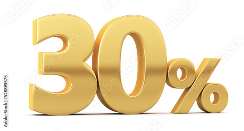 Gold percent isolated on white background. 30% off on sale. Illustration for business ideas. 3d rendering.