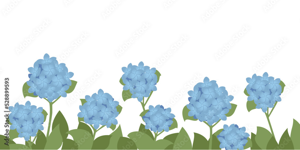 Simple hydrangea flowers bed with green grass and leaves vector illustration on white background Simple hydrangea flowers bed with green grass and leaves vector illustration on white background
