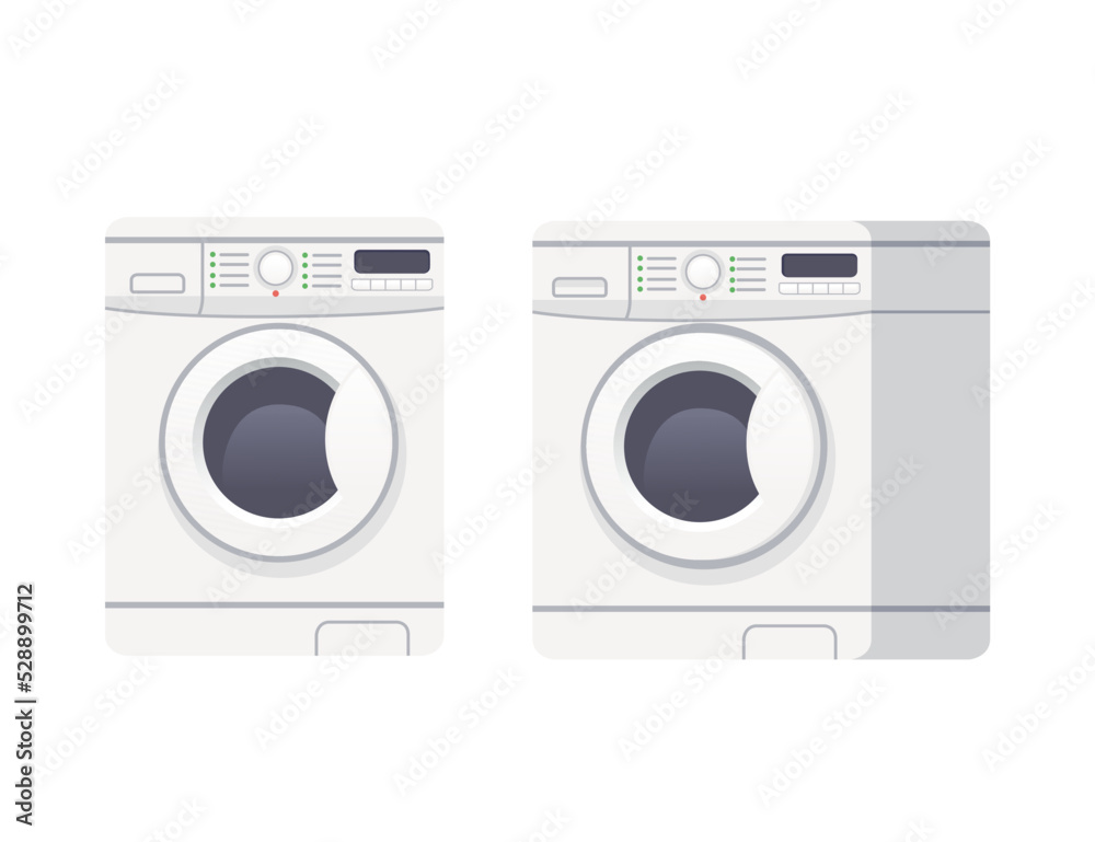 Modern electric washing machine laundromat washing appliance for household chores vector illustration isolated on white background Modern electric washing machine laundromat washing appliance for household chores vector illustration isolated on white background