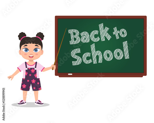 Cute girl at the blackboard with the inscription Back to school. Vector illustration