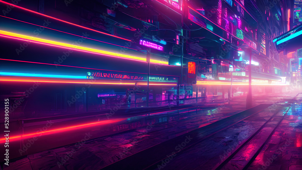 Futuristic cyberpunk city with blue and pink light trail. Concept sci fi downtown at night with skyscraper, highway and billboards. 3D illustration. Futuristic cyberpunk city with blue and pink light trail. Concept sci fi downtown at night with skyscraper, highway and billboards. 3D illustration.