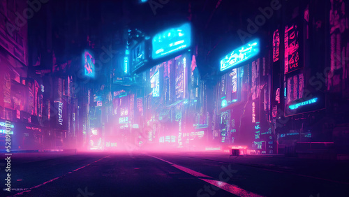 Futuristic cyberpunk city with blue and pink light trail. Concept sci fi downtown at night with skyscraper, highway and billboards. 3D illustration.