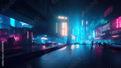 Futuristic cyberpunk city with blue and pink light trail. Concept sci fi downtown at night with skyscraper, highway and billboards. 3D illustration. © Надежда Семироз