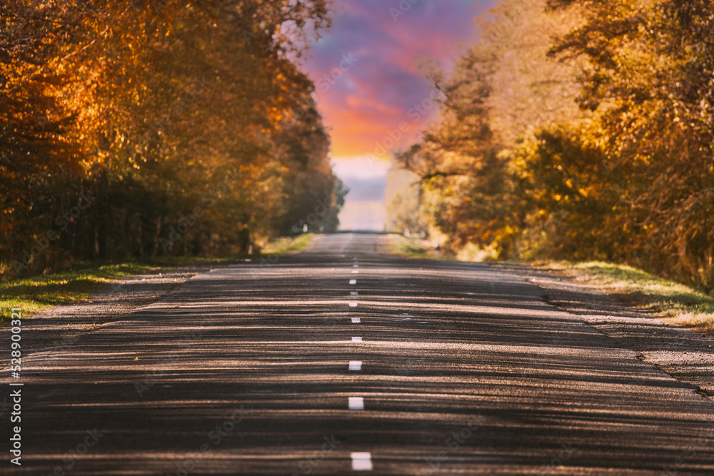 Road Trip Concept. Autumn Sundown Above Road Landscape. Way Leading To Horizon. Road Goes Ever On And On. Endless Path To Success. Loading. Goal Achievement Concept.
