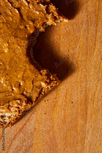 Top view of peanut butter toast sandwich, breakfast.