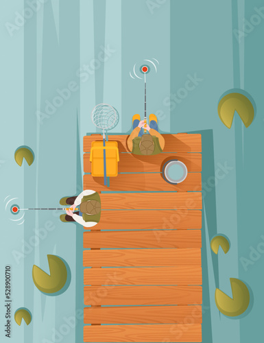 Fisherman sits on wooden pier and fishing with rod vector illustration vertical format