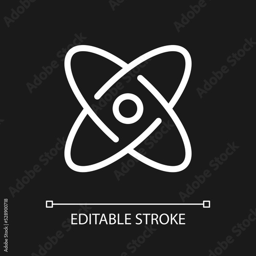 Science pixel perfect white linear ui icon for dark theme. Atomic structure. Physics courses. Vector line pictogram. Isolated user interface symbol for night mode. Editable stroke. Arial font used