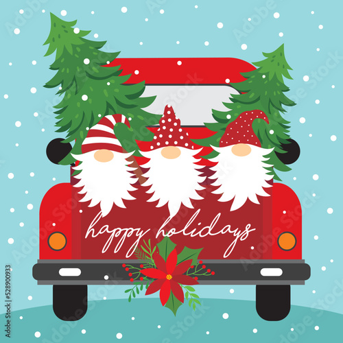 christmas card with christmas gnomes and tree on the car