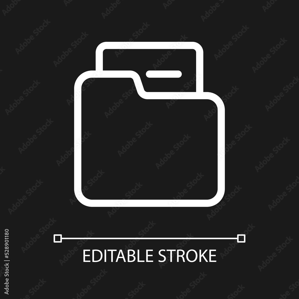 Folder pixel perfect white linear ui icon for dark theme. Stationery. Organize documents. Vector line pictogram. Isolated user interface symbol for night mode. Editable stroke. Arial font used Folder pixel perfect white linear ui icon for dark theme. Stationery. Organize documents. Vector line pictogram. Isolated user interface symbol for night mode. Editable stroke. Arial font used