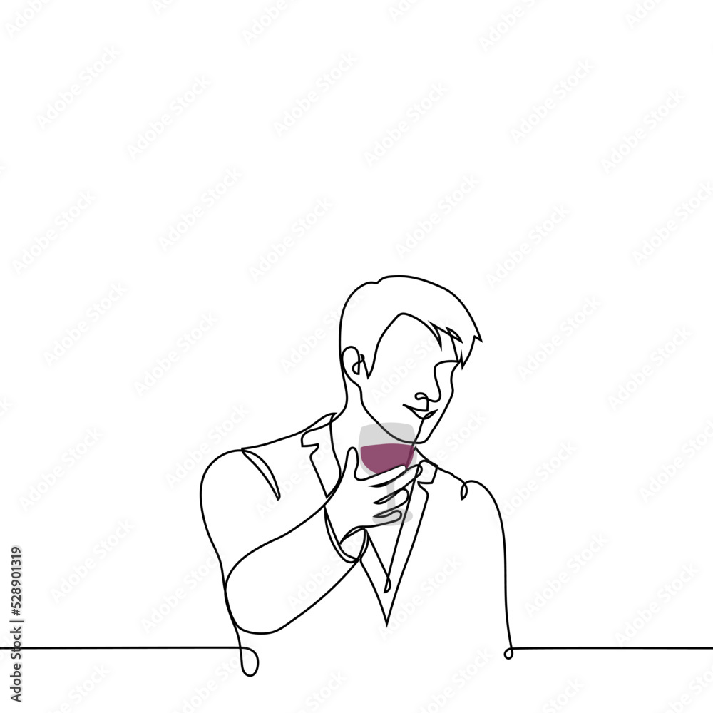 man in a jacket smilingly holds out a glass of wine to the viewer - one line drawing vector. concept wine lover, male seducer
