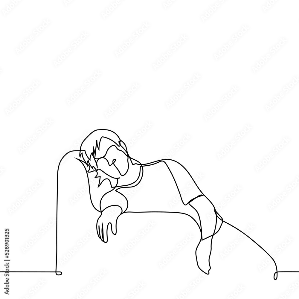 man tired or apathetic lying down in a chair - one line drawing vector. concept depression, fatigue man tired or apathetic lying down in a chair - one line drawing vector. concept depression, fatigue